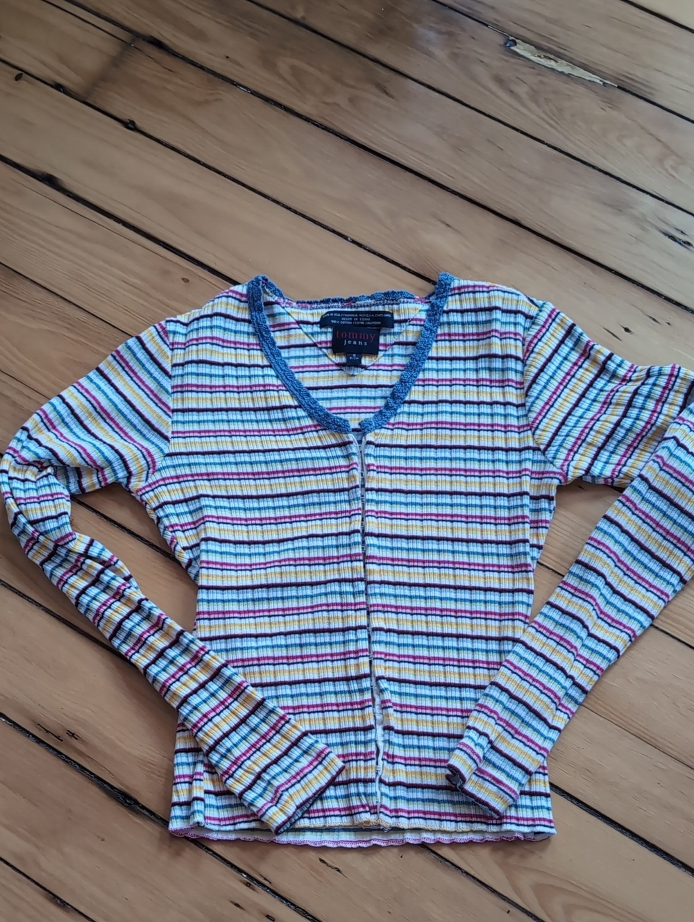 Vintage Tommy Jeans Colorful Striped Cardigan Shirt Sz Small